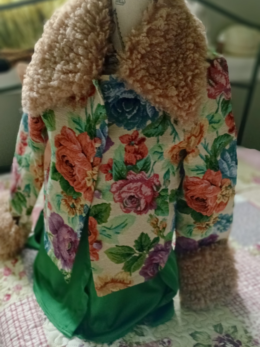 Vintage Multicolor Floral Pea Coat with Sherpa Trim